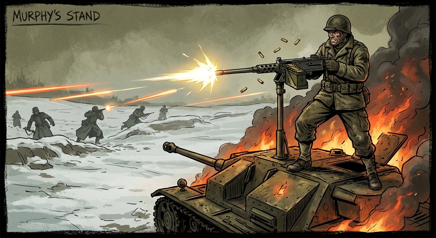 Murphy firing the .50 caliber machine gun from atop the blazing tank destroyer at advancing German infantry, muzzle flashes lighting up his face.