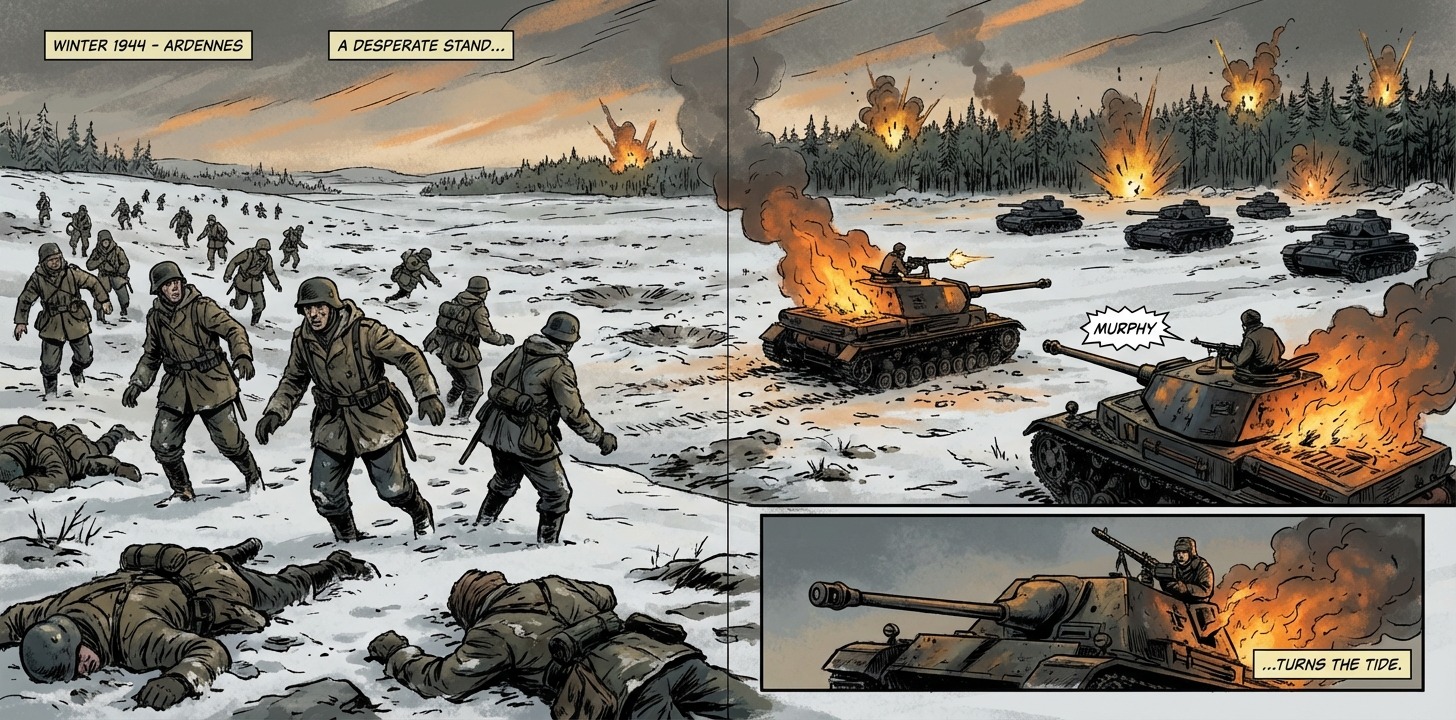 German infantry retreating in disorder as Murphy continues his devastating fire, with American artillery beginning to fall in the background.