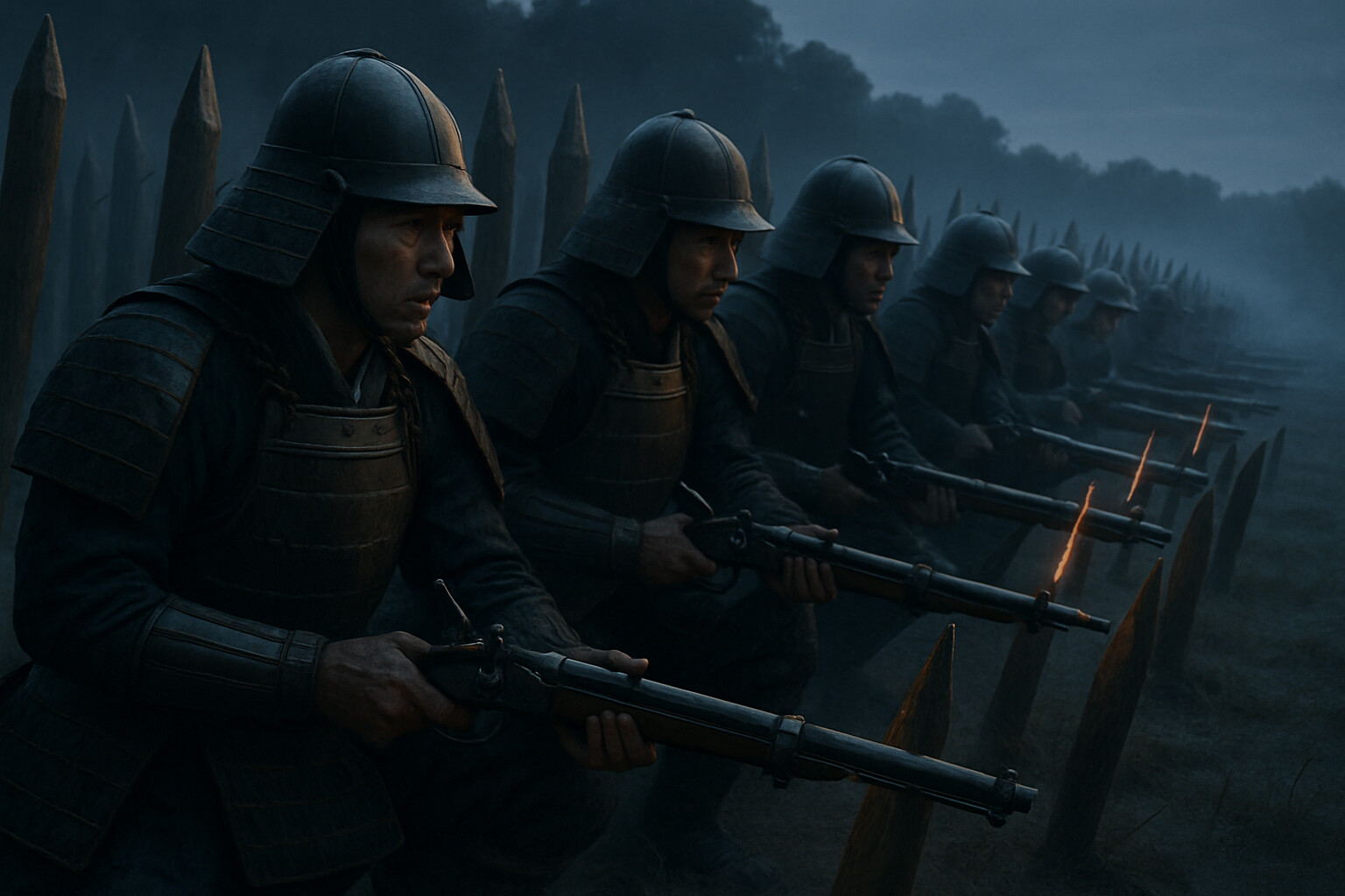Cold open: The palisade line at dawn. A row of ashigaru arquebusiers kneeling behind sharpened wooden stakes, match cords glowing in the pre-dawn grey, watching the open ground to the west. The tension before the Takeda assault begins.