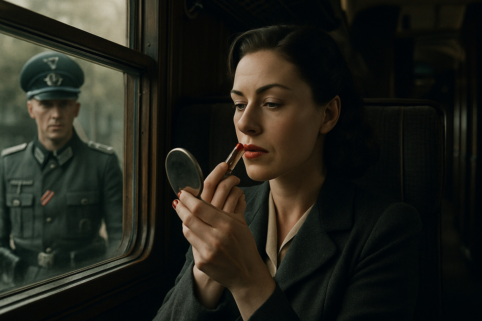Nancy Wake calmly applying lipstick while German officer approaches her train compartment for document check