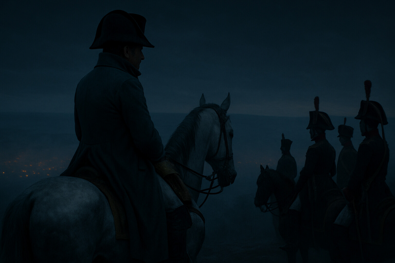 Cold open: Napoleon on horseback at the Zuran Hill before dawn, the Moravian plain spread out below him in darkness and fog, the distant glow of allied campfires visible on the horizon