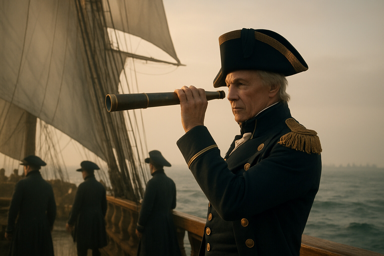 Cold open: Nelson on Victory's quarterdeck during the approach, telescope raised, watching the enemy line. Morning haze, vast Atlantic swells, the enemy crescent visible in the distance. The scale of what he has planned is visible in his stance.