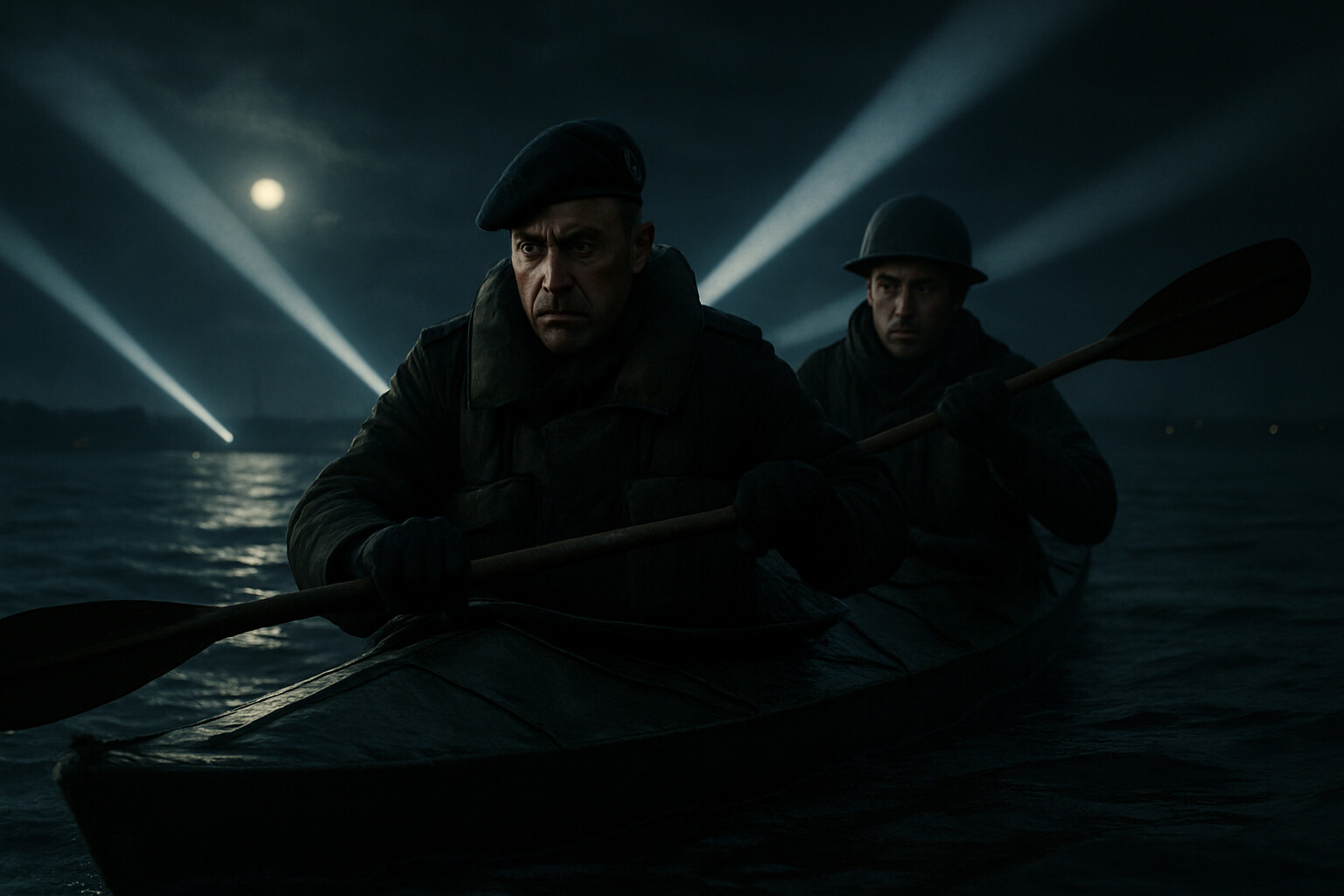 Major Hasler and Marine Sparks paddling their Cockle Mark II canoe through dark waters of the Gironde estuary at night, with German searchlights sweeping across the water in the distance