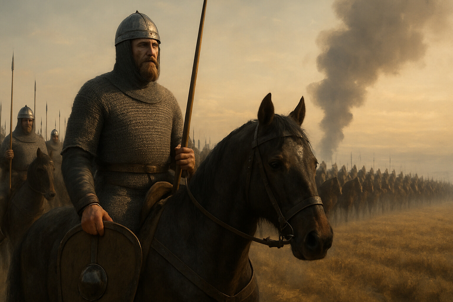Cold open hero shot: Otto I on horseback at the front of his armored cavalry force, surveying the smoke rising from the direction of Augsburg. Early morning light, tension before the battle. His face is set and controlled, not theatrical. The mass of armored knights stretches behind him across the flat Lechfeld plain.