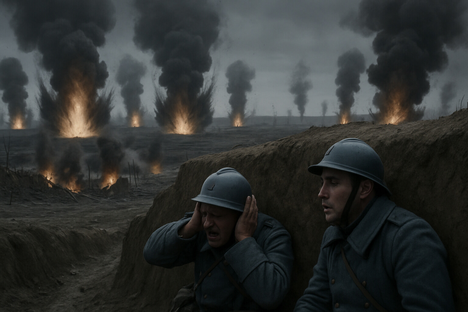 Cold open: The German artillery bombardment opening February 21, 1916. The landscape erupts in cascading explosions across an eight-mile front, smoke and fire filling the horizon as French soldiers press into dugout walls.