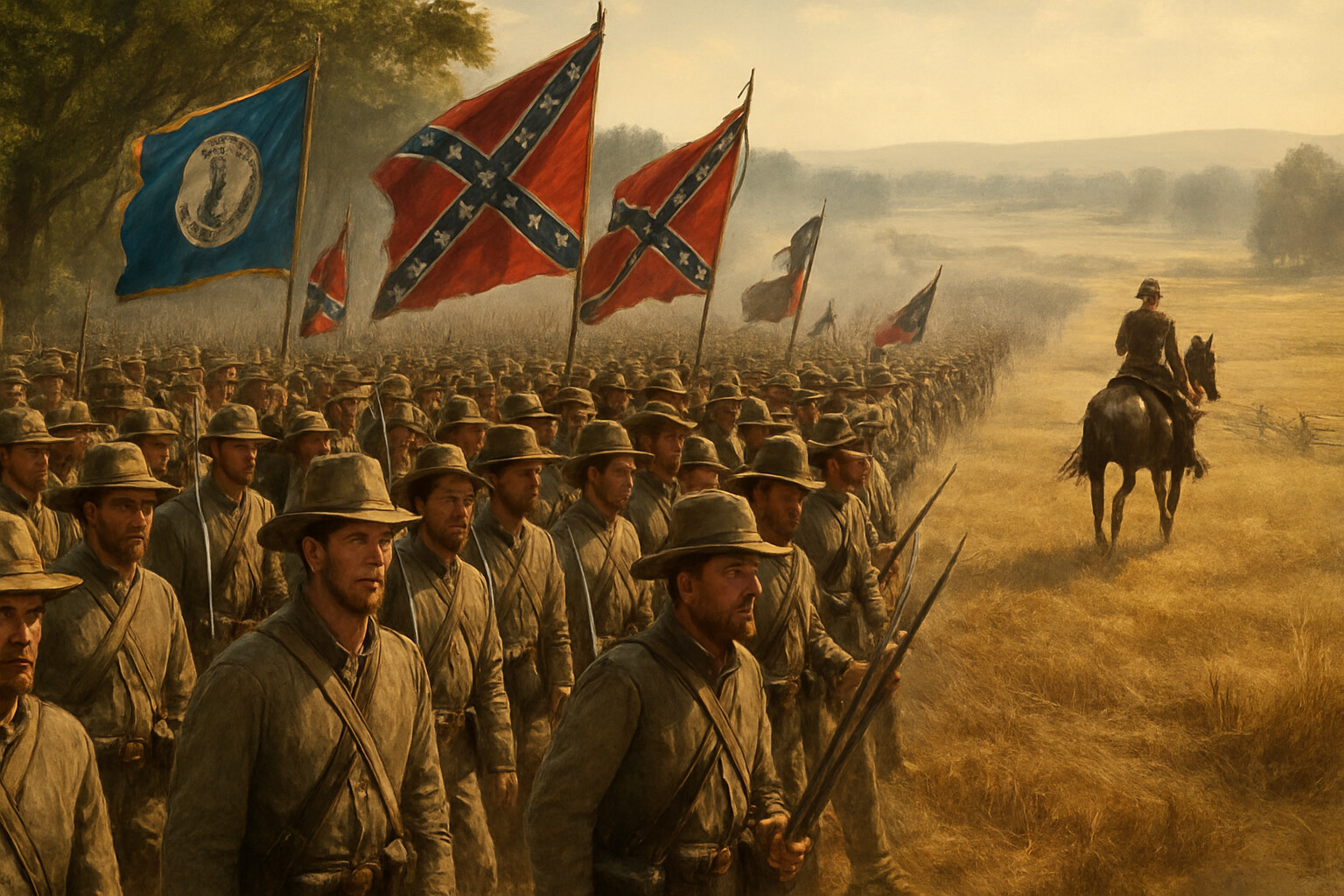 The Confederate infantry stepping out of the tree line on Seminary Ridge — the opening moment of the charge, lines dressed, flags unfurled, facing open ground and the distant Union positions on Cemetery Ridge.