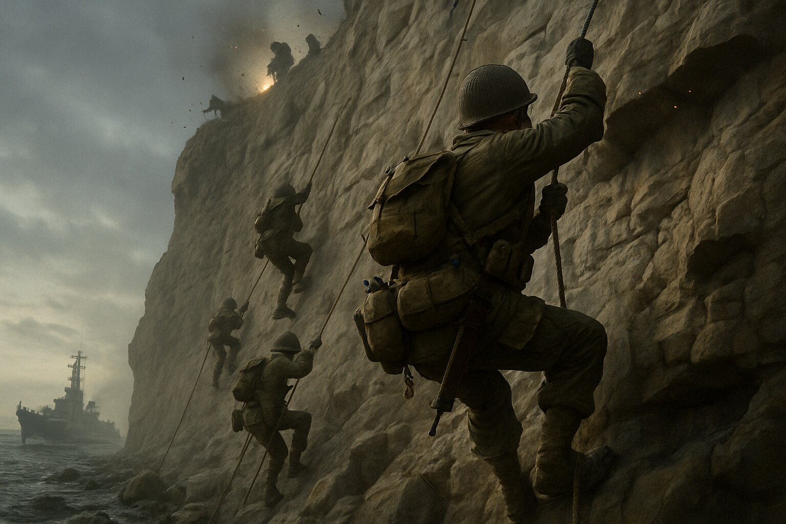 Hero/action panel: Rangers climbing the cliff face at Pointe du Hoc under fire, ropes ascending the 100-foot limestone wall, German defenders visible at the cliff edge above
