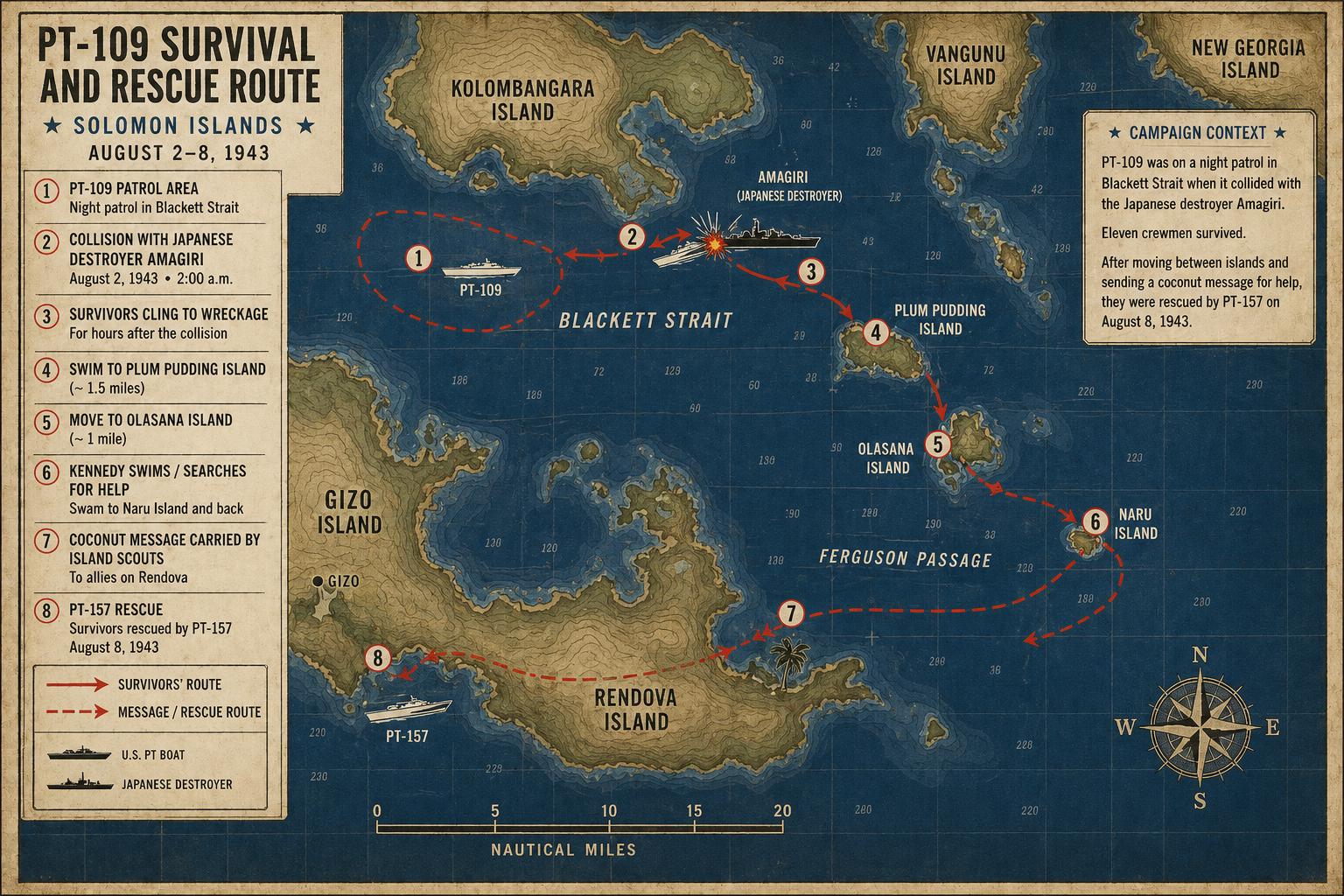 PT-109 survival and rescue route map in the Solomon Islands