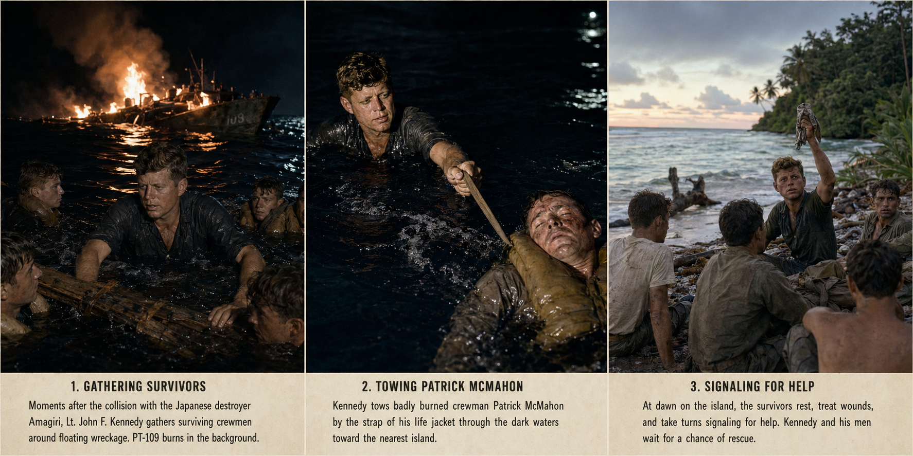 Three-panel PT-109 survival sequence showing Kennedy gathering survivors, towing Patrick McMahon, and signaling for help