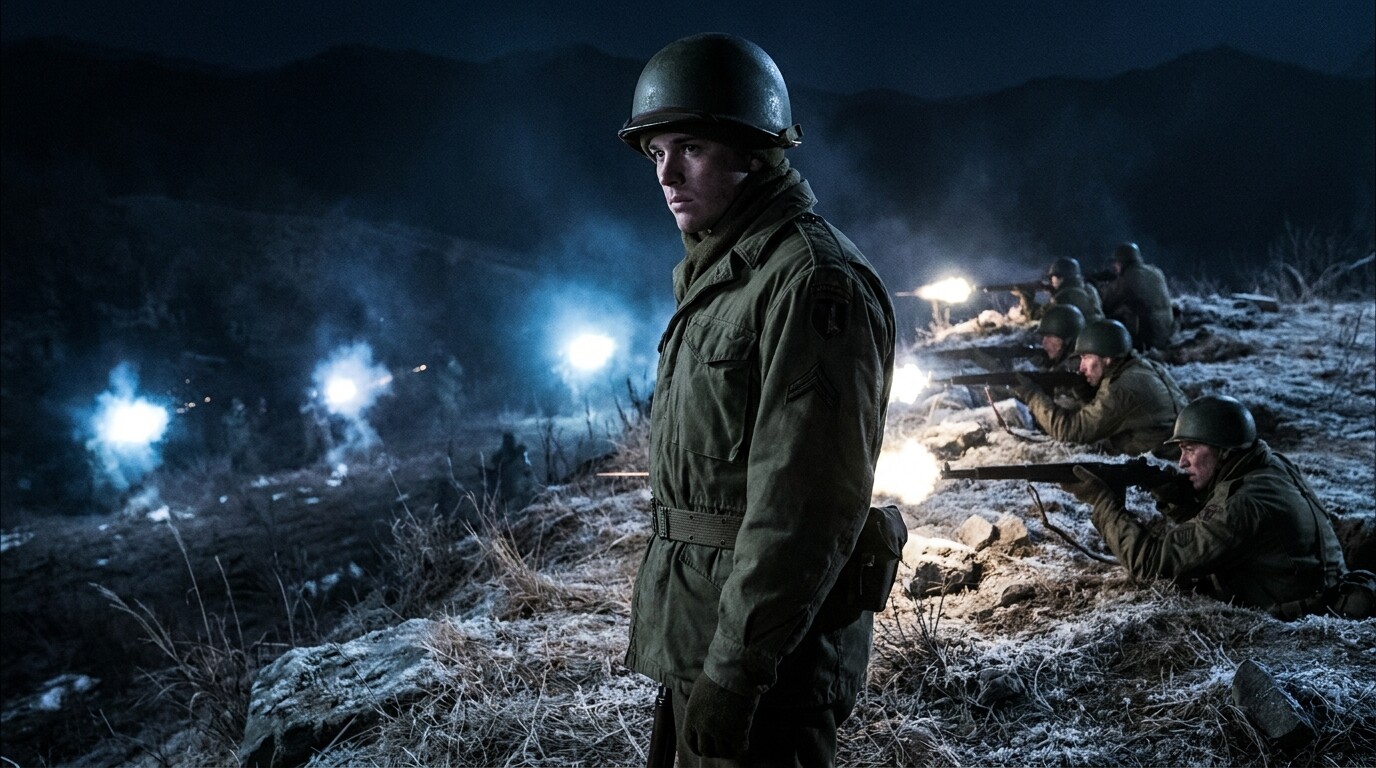 Cold open hero image: Lieutenant Ralph Puckett on Hill 205 in the darkness, standing at the forward edge of the perimeter, silhouetted against muzzle flashes from the valley below. He is the focal point of converging enemy fire, and his Rangers behind him are engaging the revealed positions.
