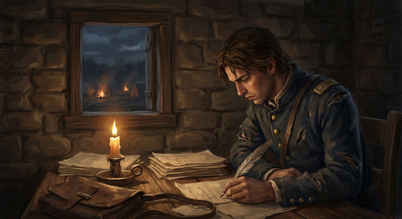 Travis writing his letter by candlelight inside the Alamo