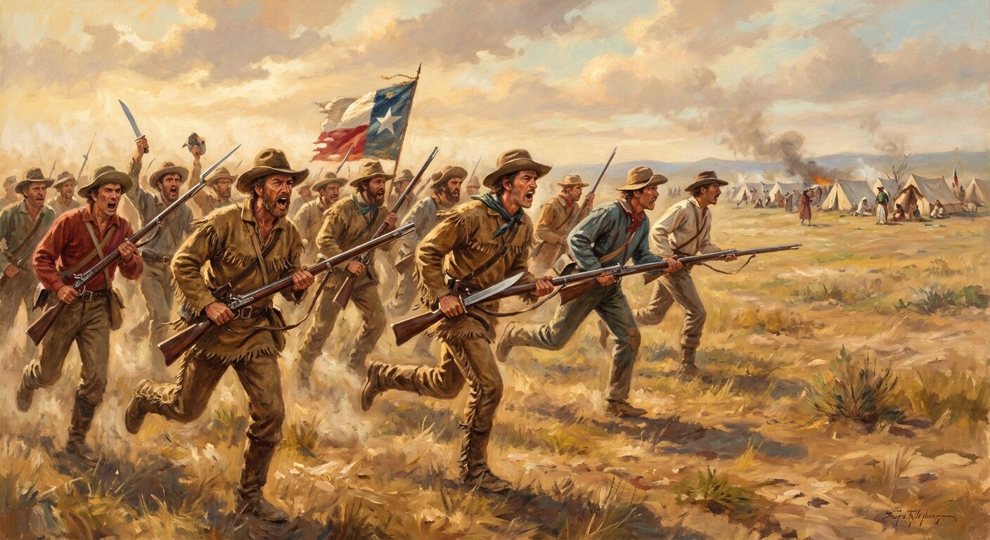 Sam Houston's army charging at San Jacinto screaming Remember the Alamo