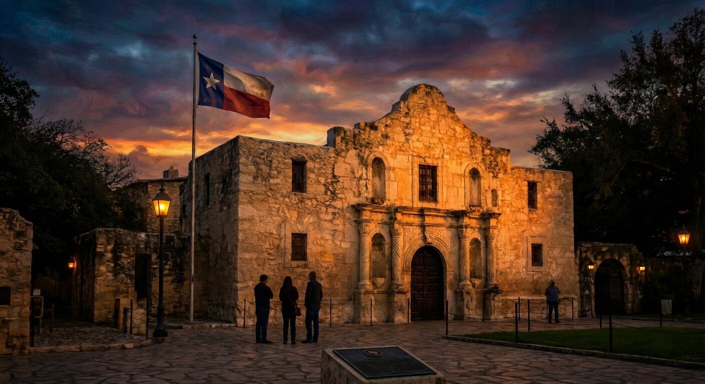 The Alamo chapel facade at dawn, quiet after the battle