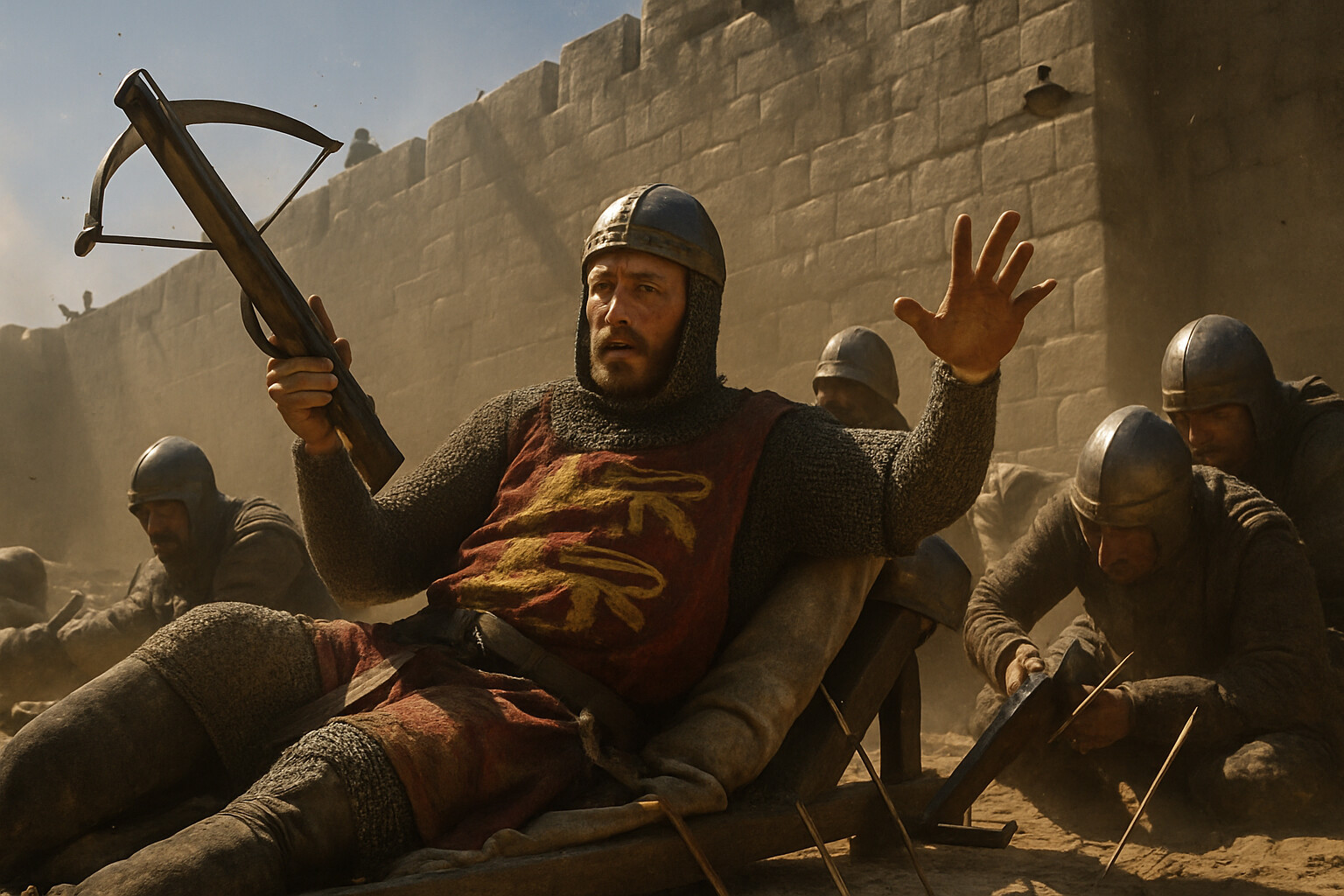 Cold open: Richard I, visibly ill, being carried on a litter on the Crusader siege ramp before the walls of Acre while directing crossbow fire. Dust, stone chips, and arrow shafts in the earth around him. His mail is dull from campaign wear; his surcoat bears the three lions of England. Defenders visible on the wall walk above.