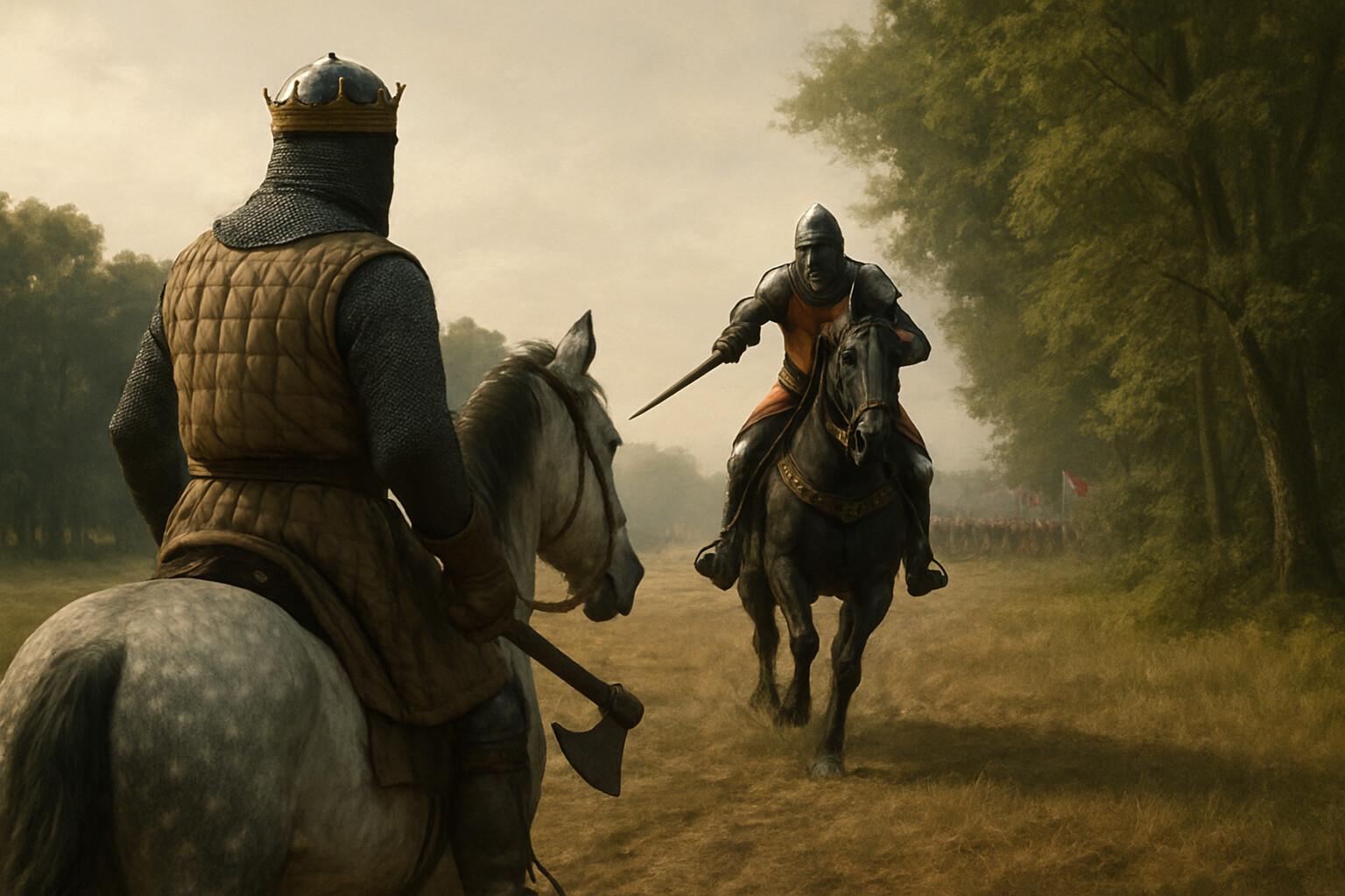 The cold open: Robert the Bruce on his small grey palfrey, alone at the edge of the New Park tree line, watching Henry de Bohun's destrier charge toward him at full gallop with lance couched. The gap between them is closing fast. The Scottish tree line visible behind Bruce; English banners in the far distance.