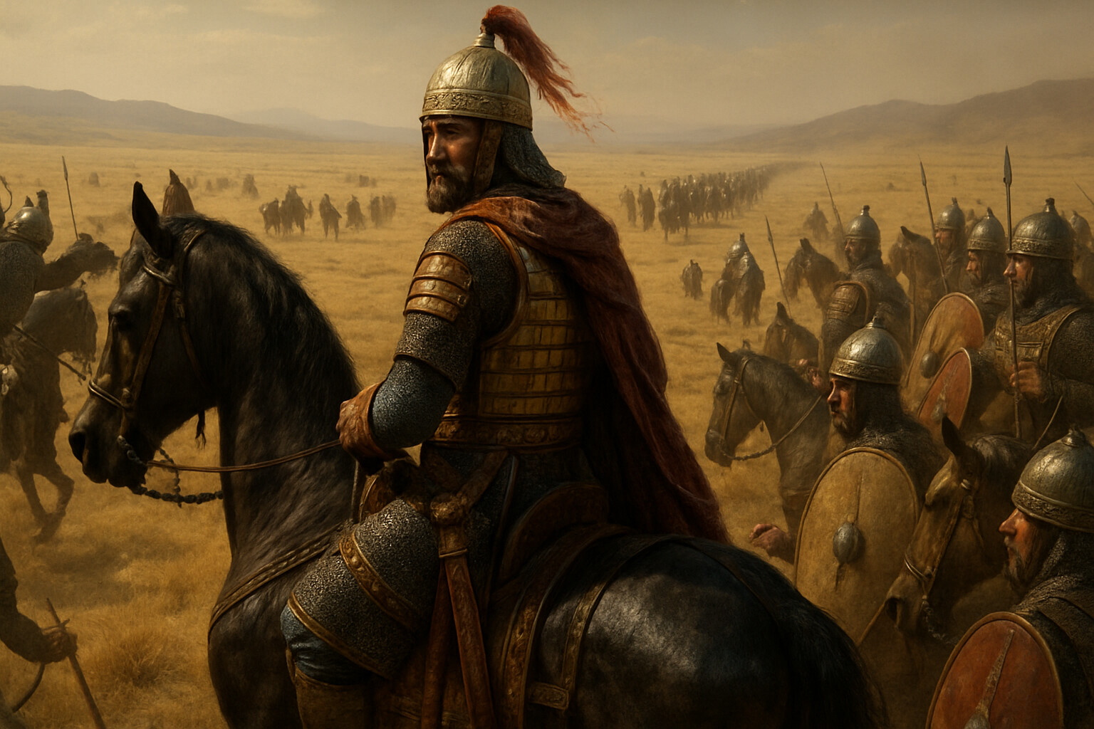 The cold open: Byzantine Emperor Romanos IV on horseback, surrounded by dissolving formation, watching the rearguard march away across the plateau