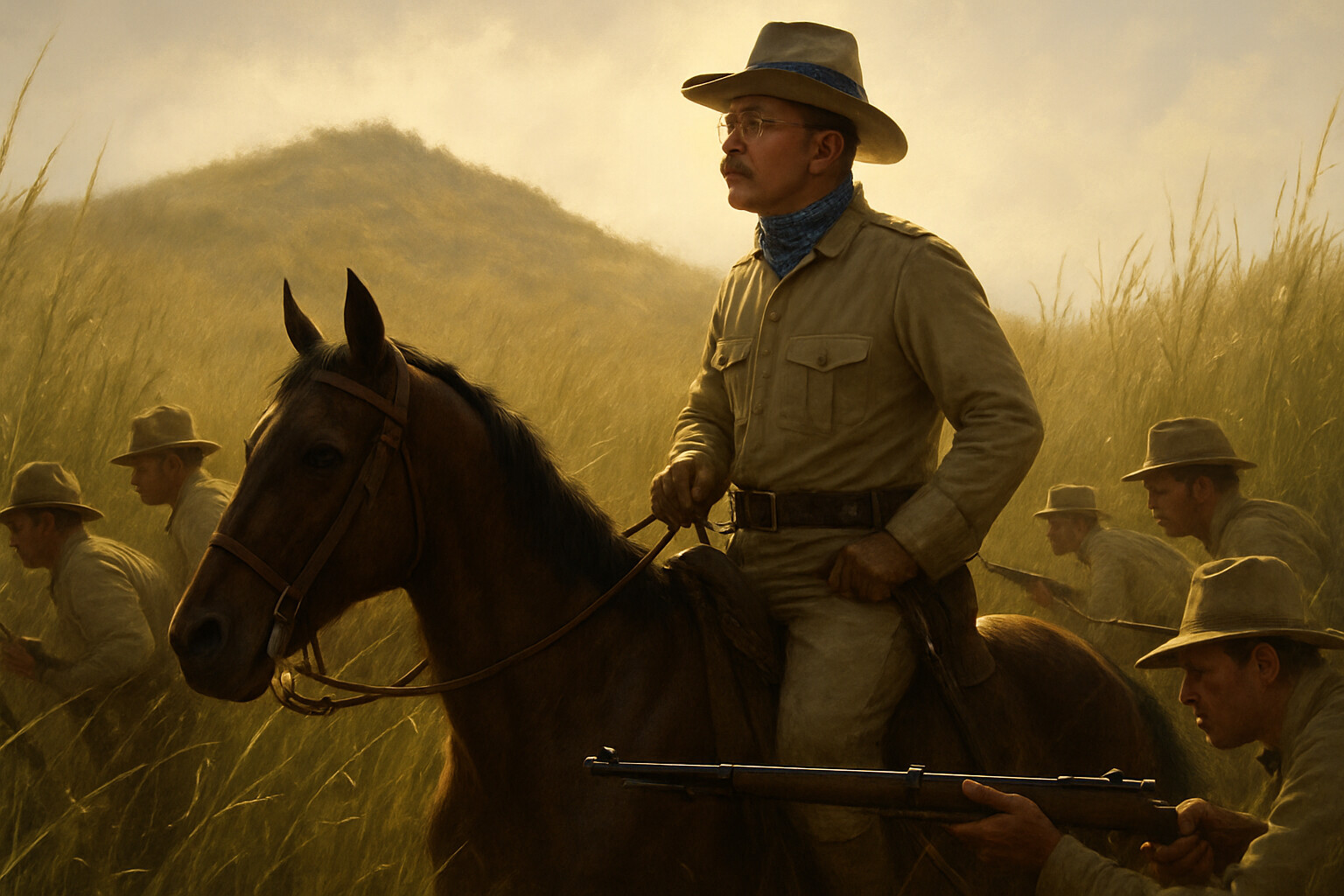 Theodore Roosevelt on horseback at the base of Kettle Hill, visible above the grass line, wearing his campaign uniform and polka-dot bandanna, as men of the Rough Riders crouch and advance around him through tall Cuban grass under fire.