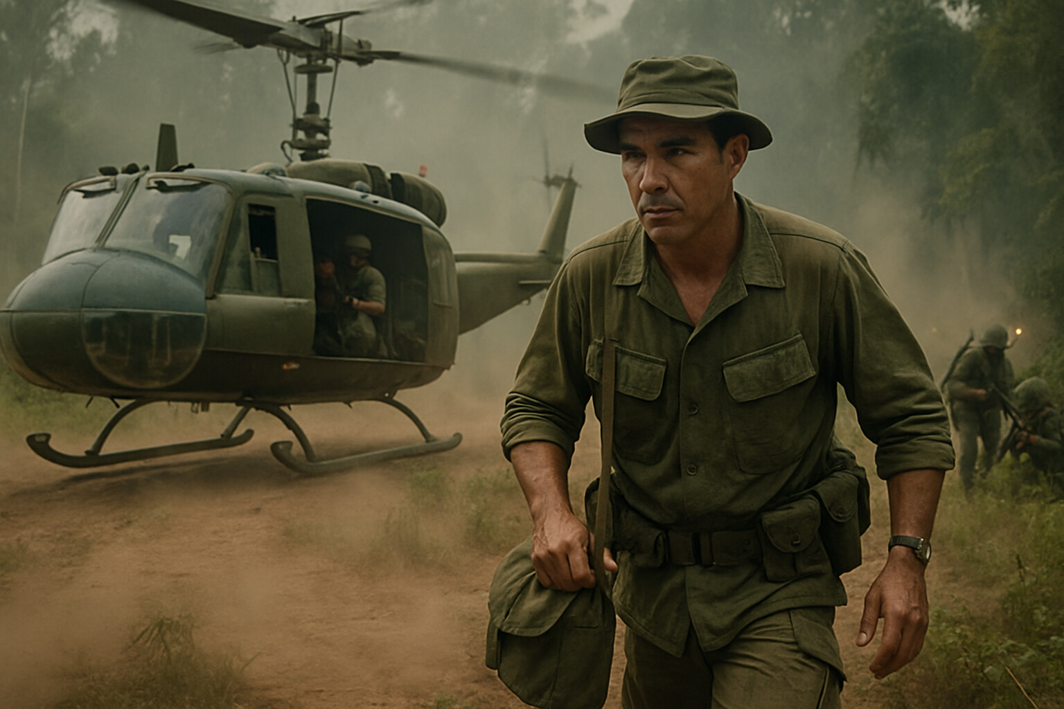 Benavidez enters the landing zone with a medical bag as the Huey lifts dust and smoke around him.
