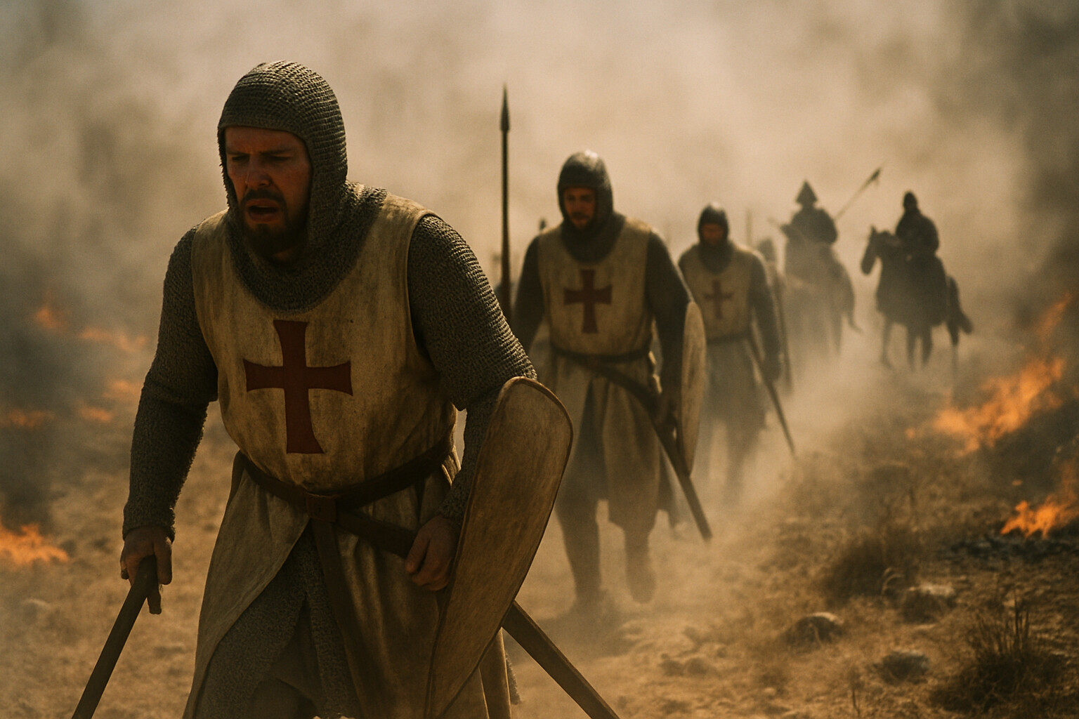 Cold open: the burning plateau. Crusader infantry struggling through smoke and heat on the march to Hattin, July 3, 1187. Ayyubid mounted archers visible in the middle distance.
