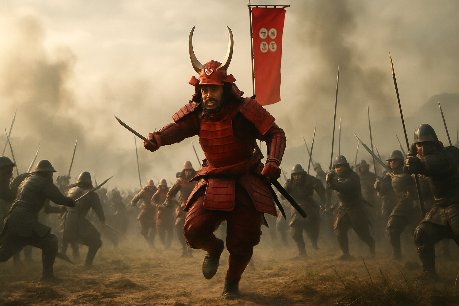 Cold open: Sanada Yukimura in red lacquered armor on the Tennoji plain, leading a charge through smoke and chaos toward a mass of Tokugawa soldiers. Morning light cuts through mist. The scene is the decisive charge—his red armor unmistakable among the chaos, his retainers in red behind him, Tokugawa guards falling back.