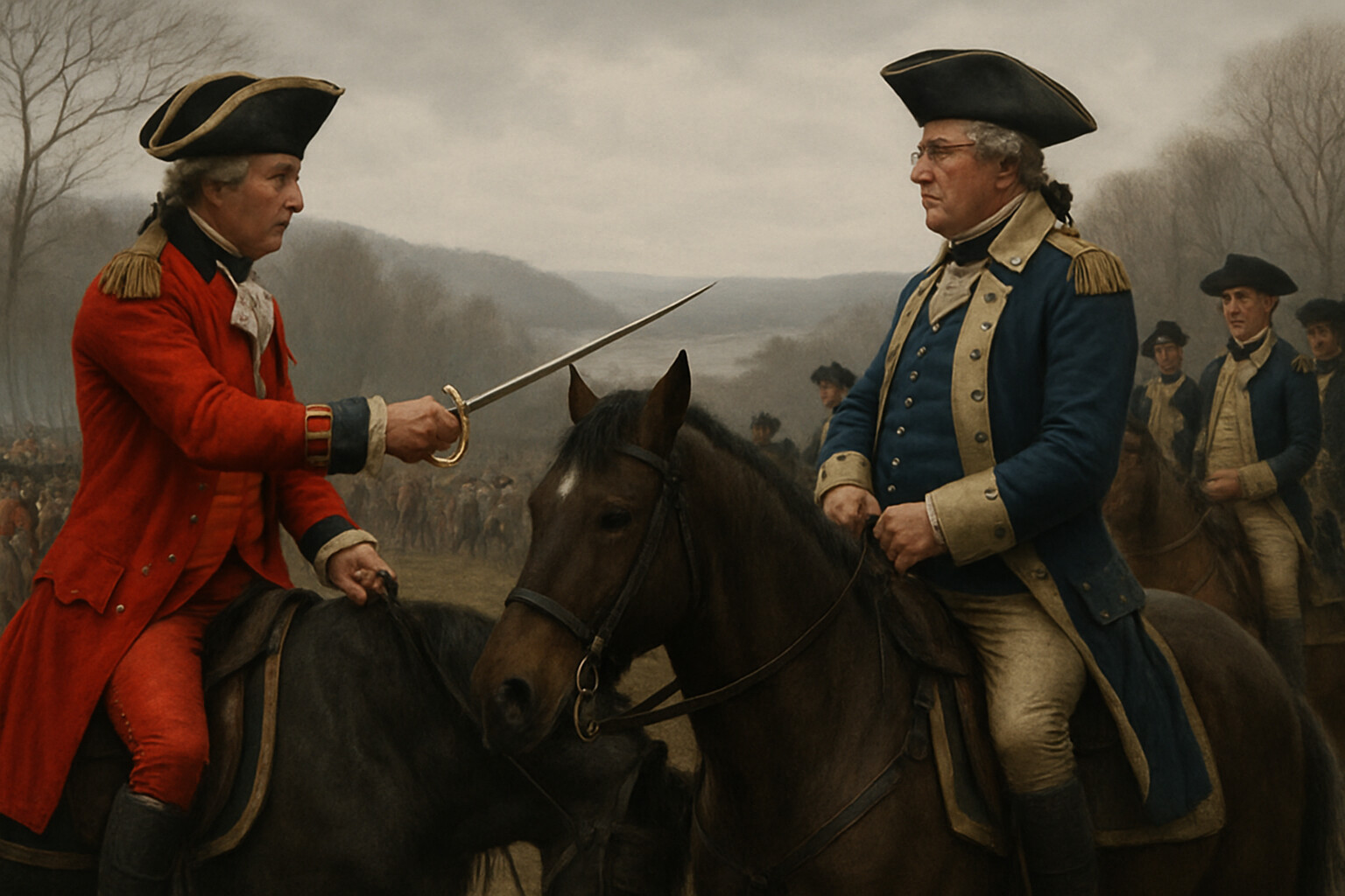 Cold open: The surrender scene on October 17, 1777. Burgoyne in his brilliant scarlet coat approaches Gates on horseback on a gray autumn morning above the Hudson River.