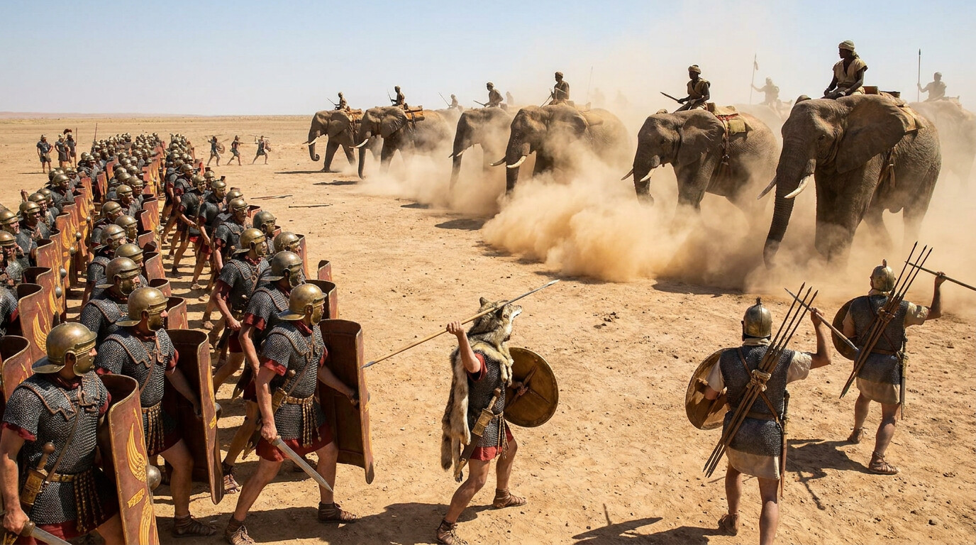 Cold open: The Roman legions hold their formation as eighty Carthaginian war elephants charge across the North African plain toward them. The Roman soldiers are opening lanes — moving aside in disciplined order — while velite skirmishers in the foreground hurl javelins at the oncoming beasts. Dust, motion, controlled fear.