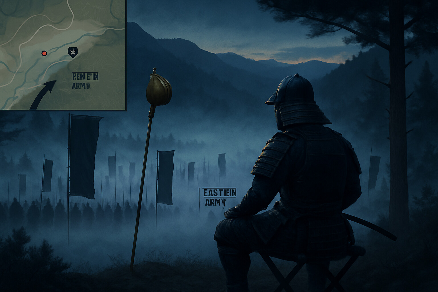 Cold open: Tokugawa Ieyasu at his field headquarters in the pre-dawn darkness, fog filling the valley below, banners of the Eastern Army emerging from the mist. The tension of a commander who has prepared everything and now waits.