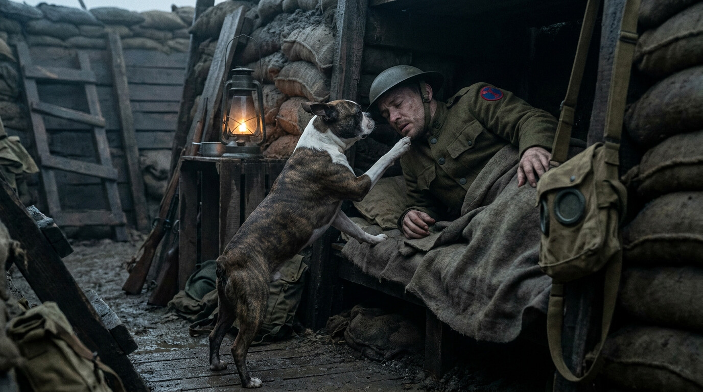 Cold open: Stubby in a trench at night, alert and agitated, pawing at a sleeping soldier's face while the soldier begins to stir. The predawn darkness, the damp earthen walls, the smell of tension all conveyed through posture and light.