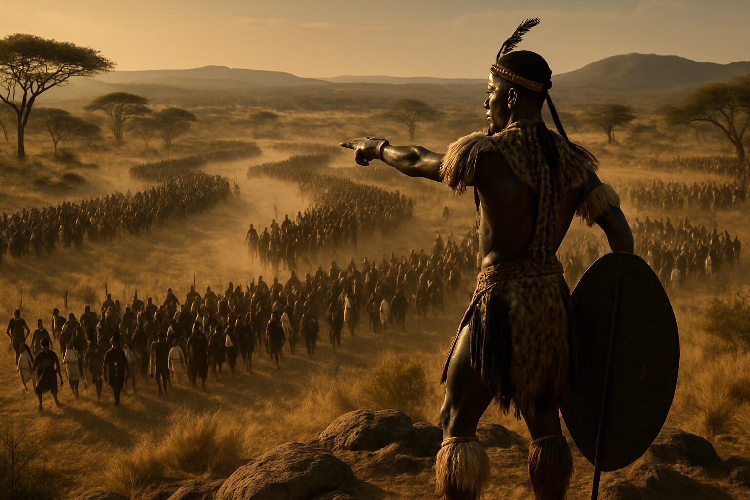 Hero action panel: Shaka commanding from an elevated position as his impis execute the bull-horn formation across open savanna, with two flanking columns visible curving to encircle an enemy force