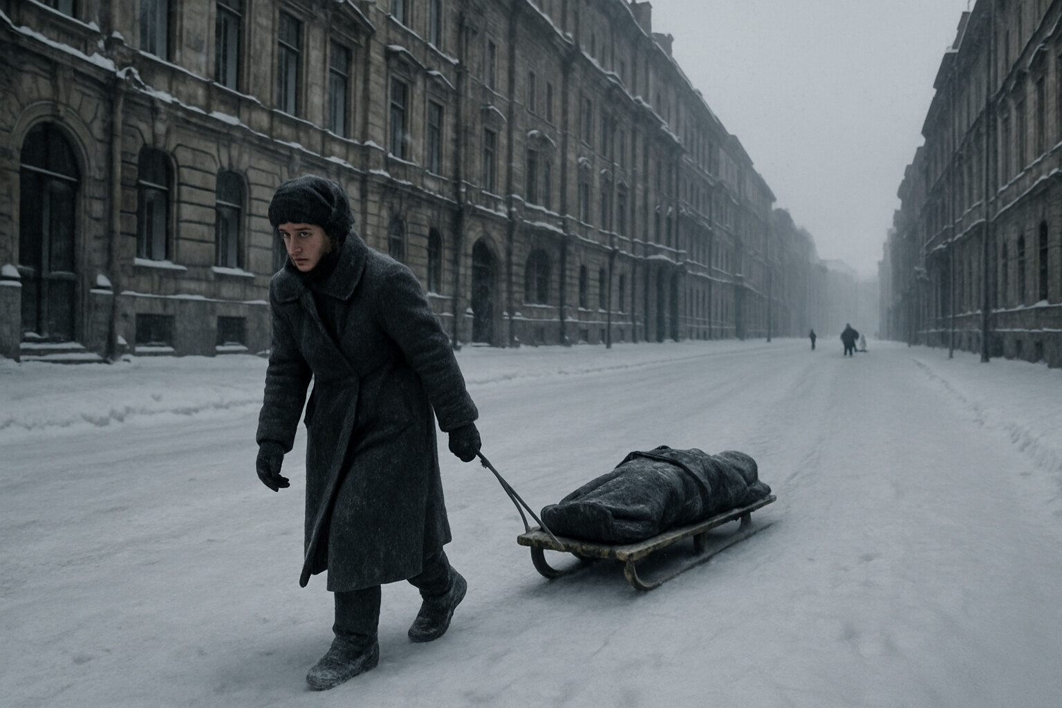 Cold open: A gaunt civilian woman in a heavy winter coat pulls a hand-drawn wooden sled through snow-covered Leningrad streets in December 1941. On the sled is a wrapped body. The streets are empty except for distant figures. Ornate pre-revolutionary architecture lines the background, damaged but still standing.
