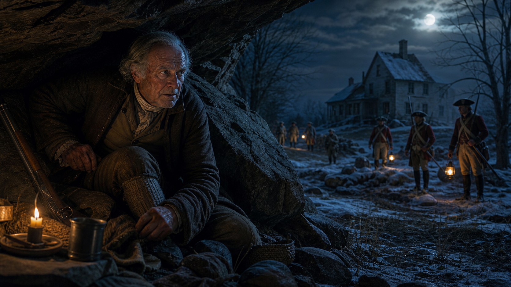 John Hart hiding in the New Jersey wilderness while British patrols search nearby