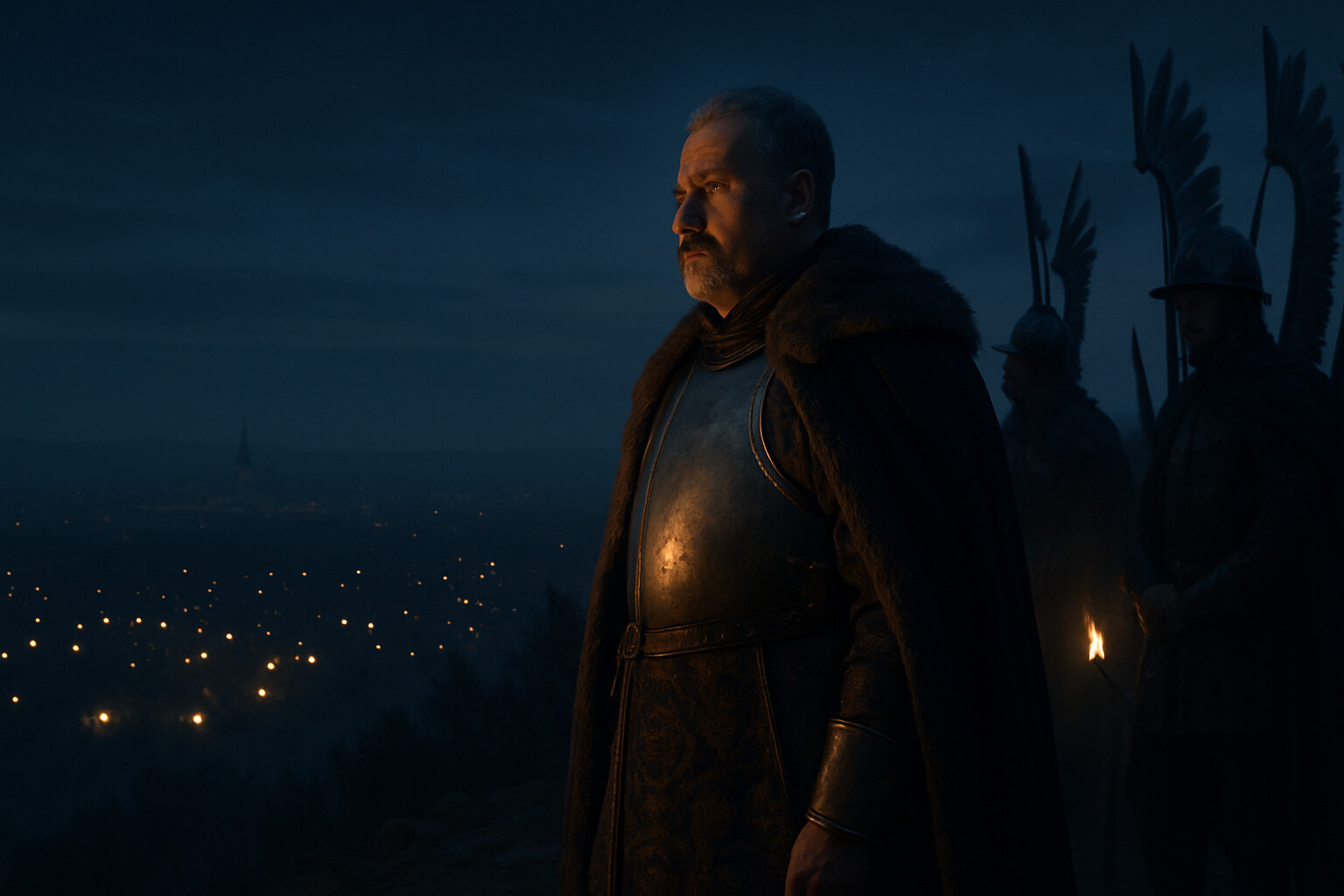 Cold open: Pre-dawn on the Kahlenberg ridge. Sobieski looks down from the heights toward the vast Ottoman siege lines encircling Vienna below, the glow of the Ottoman camp fires visible in the darkness, the city beyond barely distinguishable.