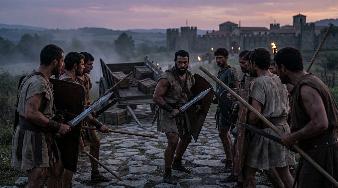 Cold open: Spartacus and the initial escapees on a road outside Capua at dusk, armed with seized gladiatorial weapons from an intercepted wagon, the city visible in the background. Faces set with tension and purpose, not triumph.
