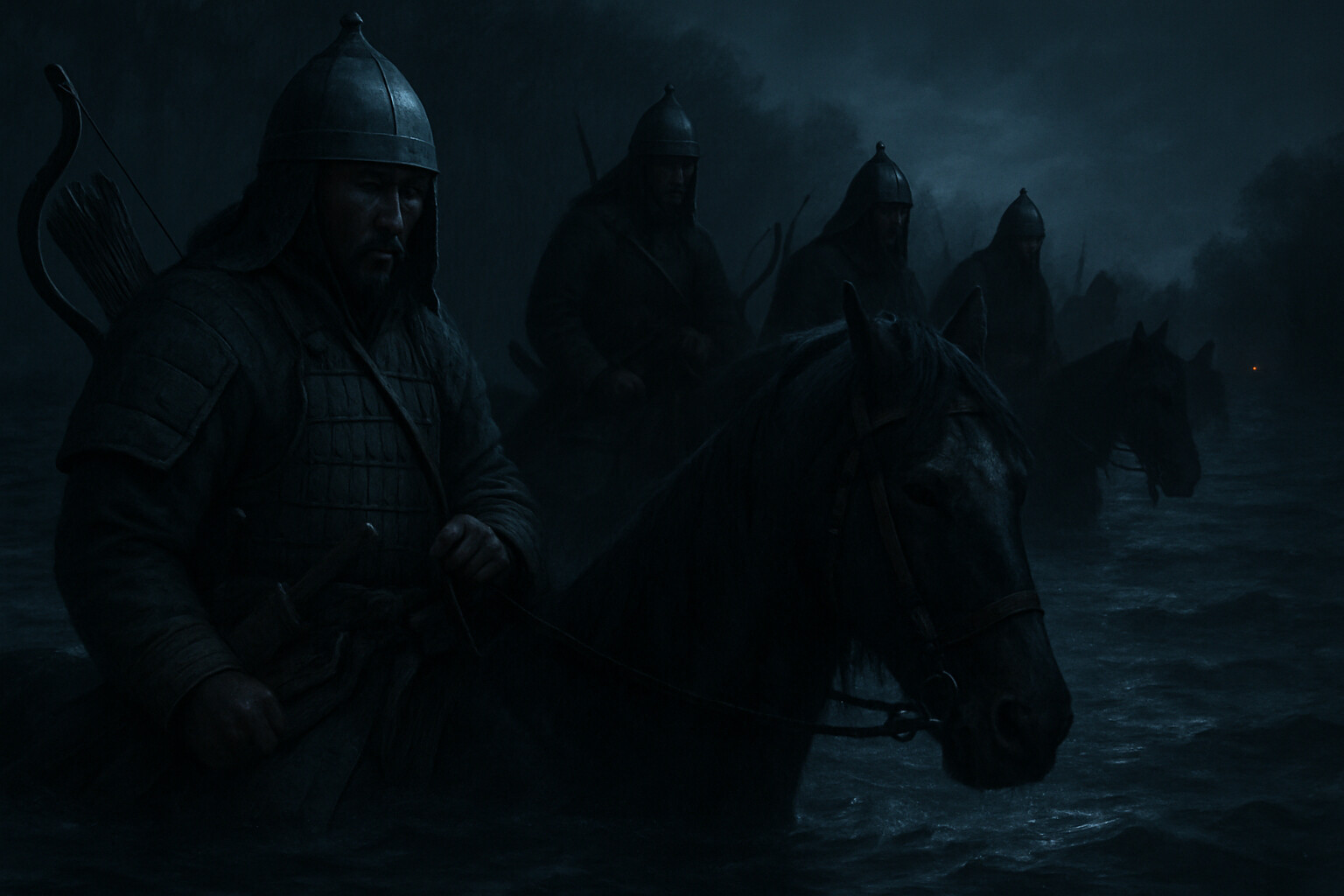 Cold open: Pre-dawn darkness on the Sajó River, April 10–11, 1241. Mongol engineers and cavalry are wading a secondary ford in near-silence, horses chest-deep in cold spring floodwater, torches extinguished, moving into position for the flanking encirclement of the Hungarian camp.