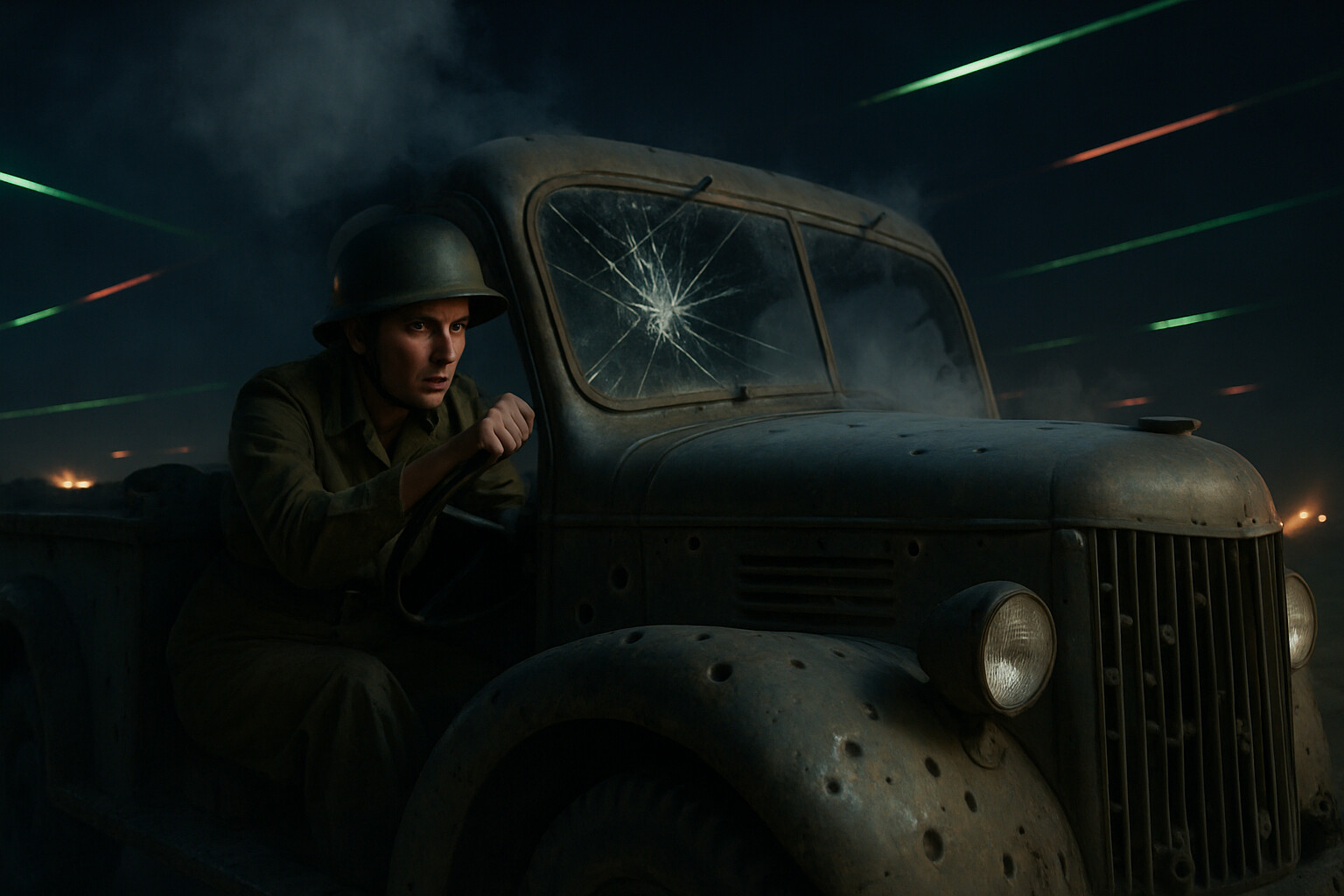 Susan Travers gripping the steering wheel of her bullet-riddled Dodge staff car, driving through tracer fire during the night breakout