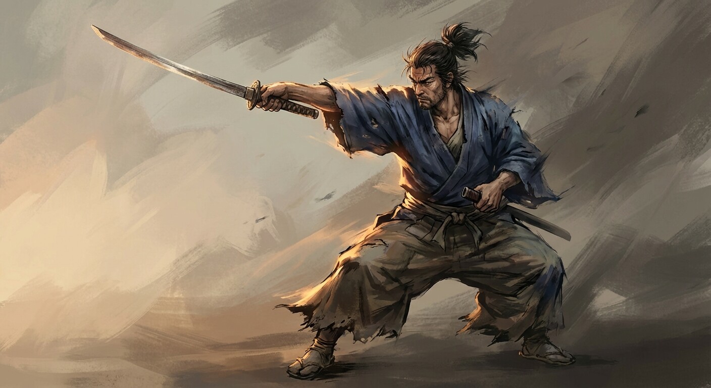 Musashi in two-sword stance, nito ichi-ryu style