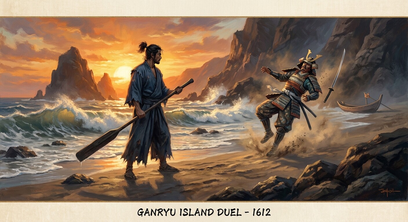 Musashi striking Kojiro with the wooden oar on Ganryu Island