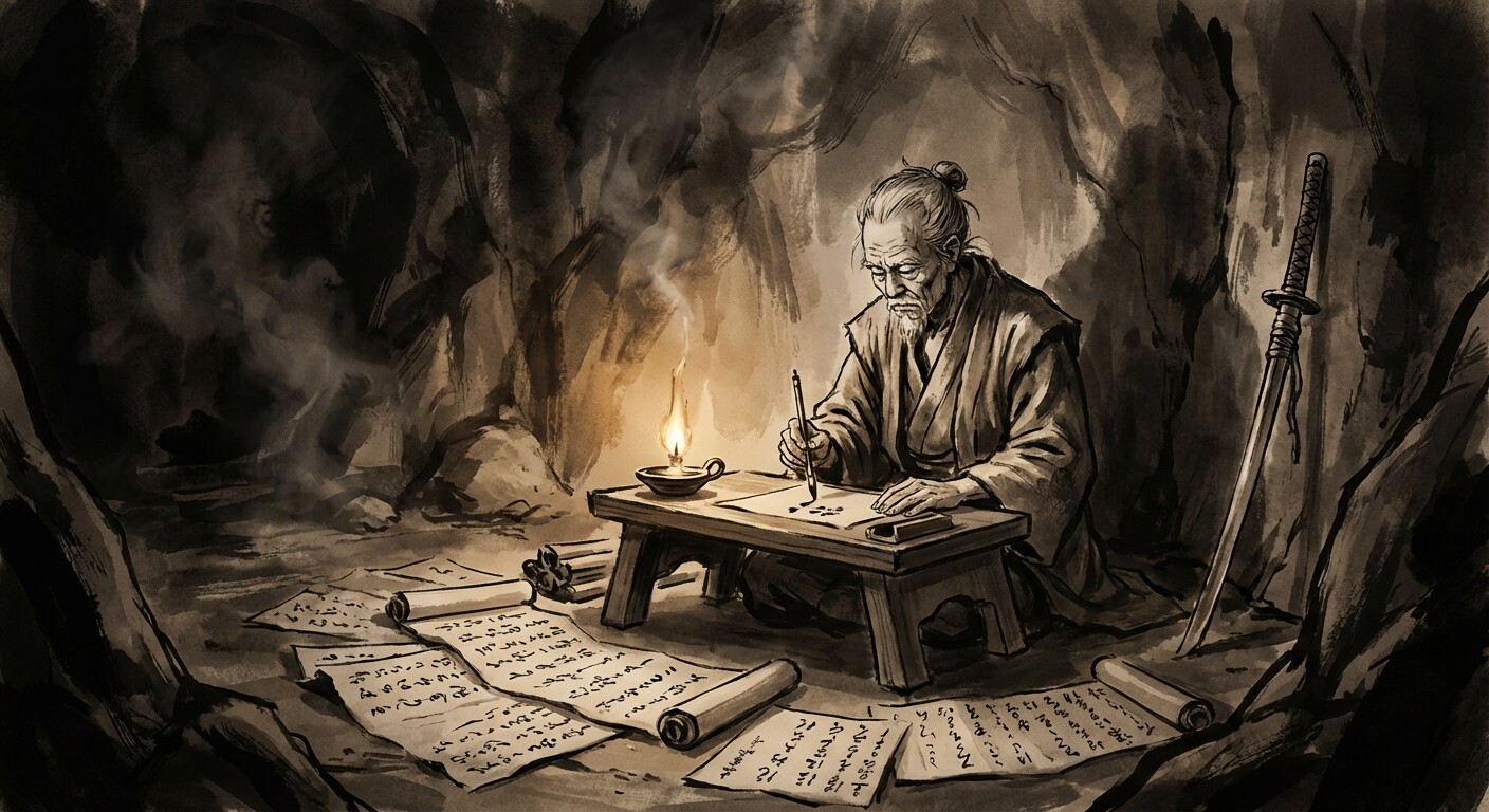 Musashi writing The Book of Five Rings in the Reigando cave