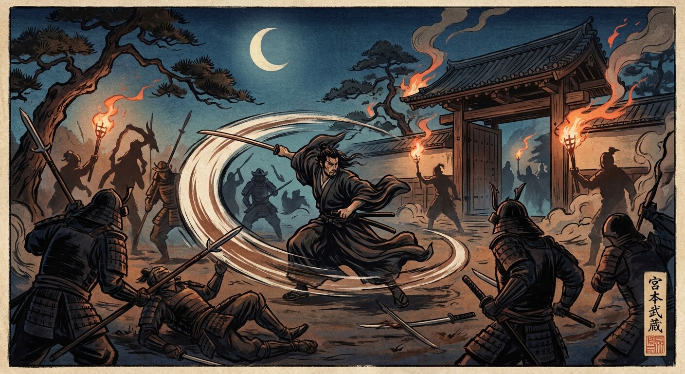 Musashi fighting through the Yoshioka ambush at Ichijoji