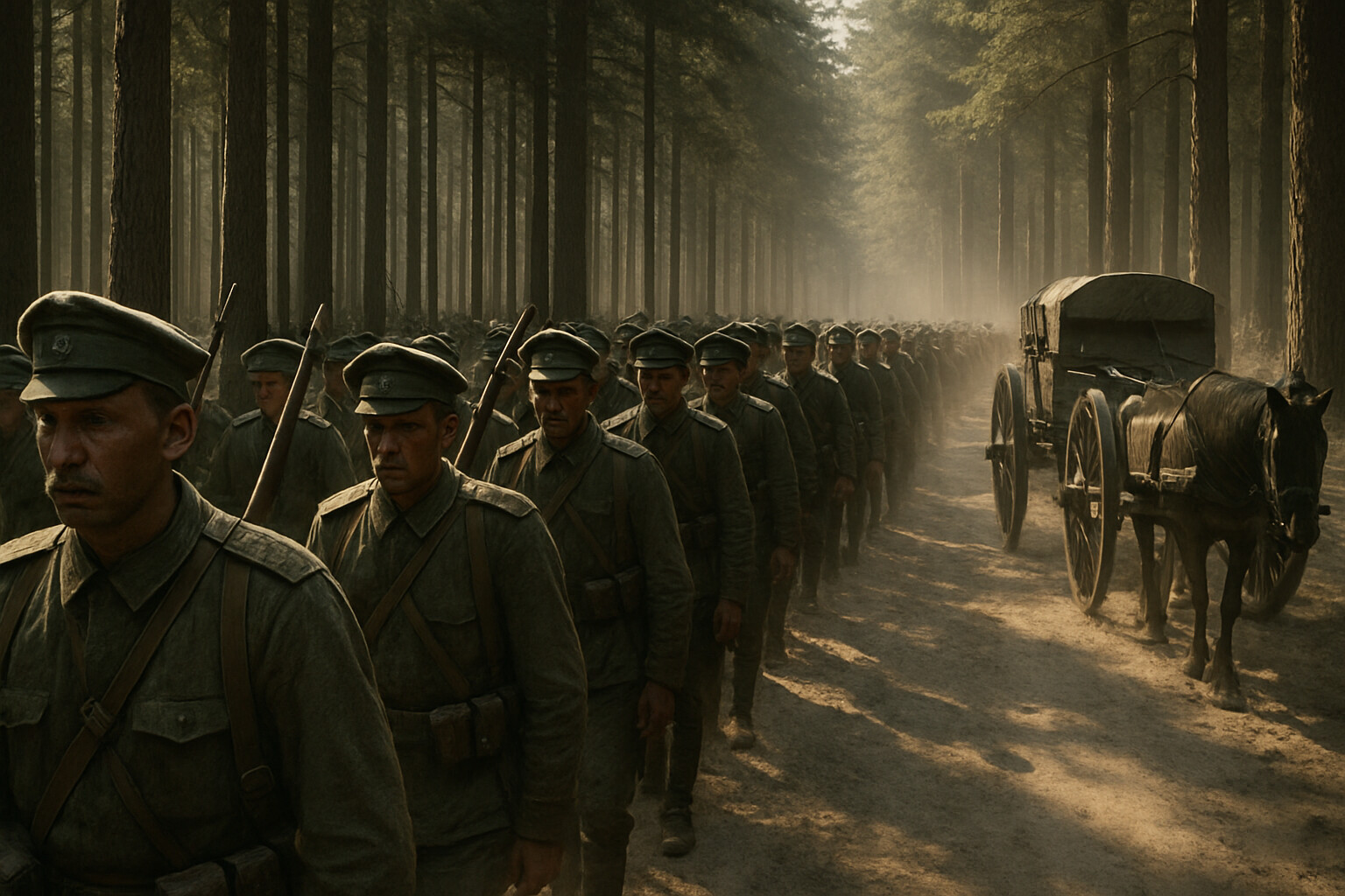 Cold open: Russian infantry columns advancing through pine forest in late August heat, unknowing they are marching into a trap. Dense Prussian forest, dust from unpaved roads, exhausted men, artillery wagons.