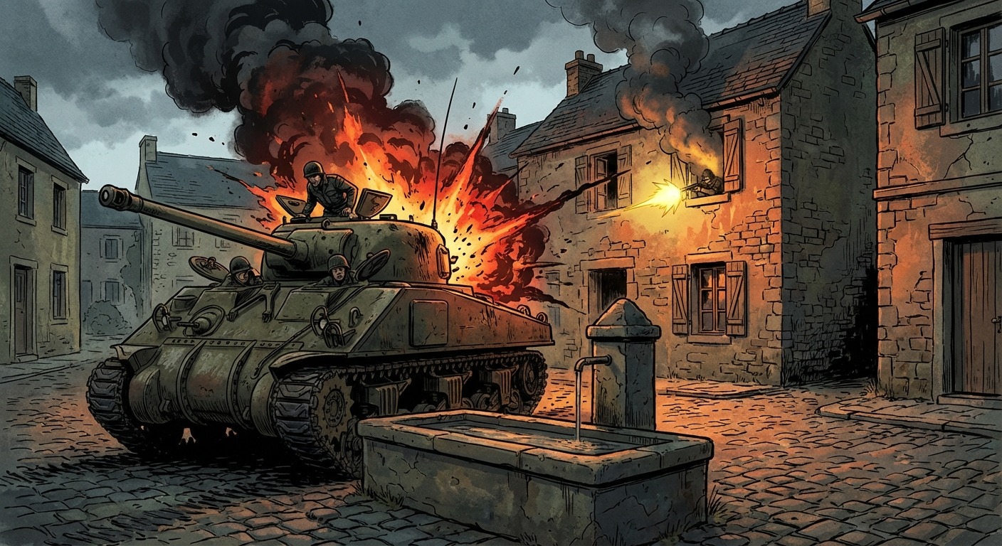 The German Panzerschreck striking the Sherman tank and the immediate explosion and fire