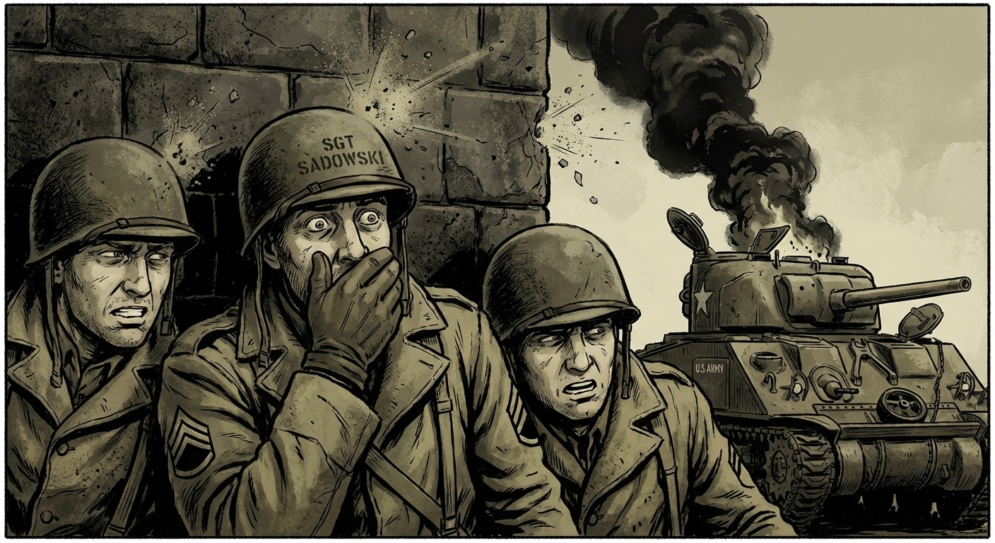 Sadowski and his crew taking cover behind a building while realizing the bow gunner is trapped