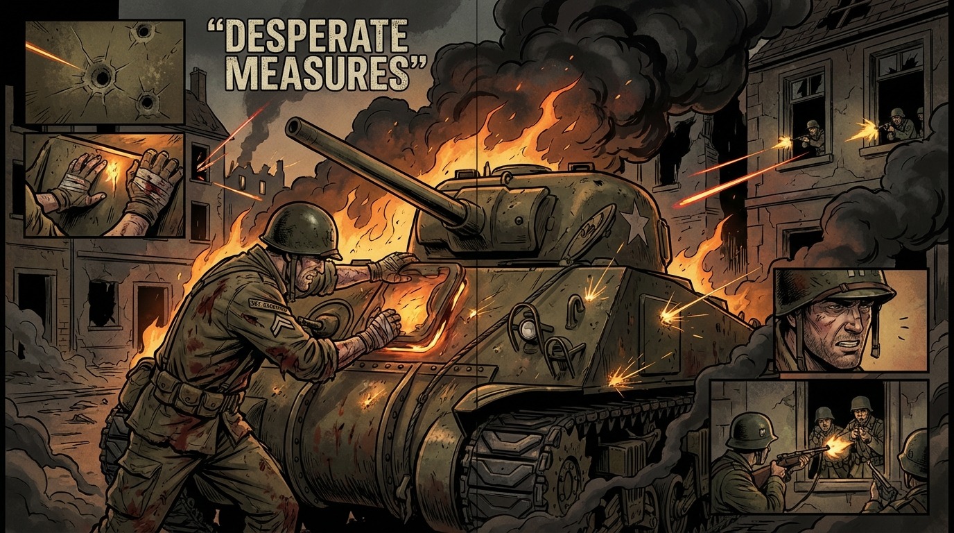 Sadowski climbing onto the burning Sherman tank and attempting to pry open the bow gunner hatch while under heavy fire