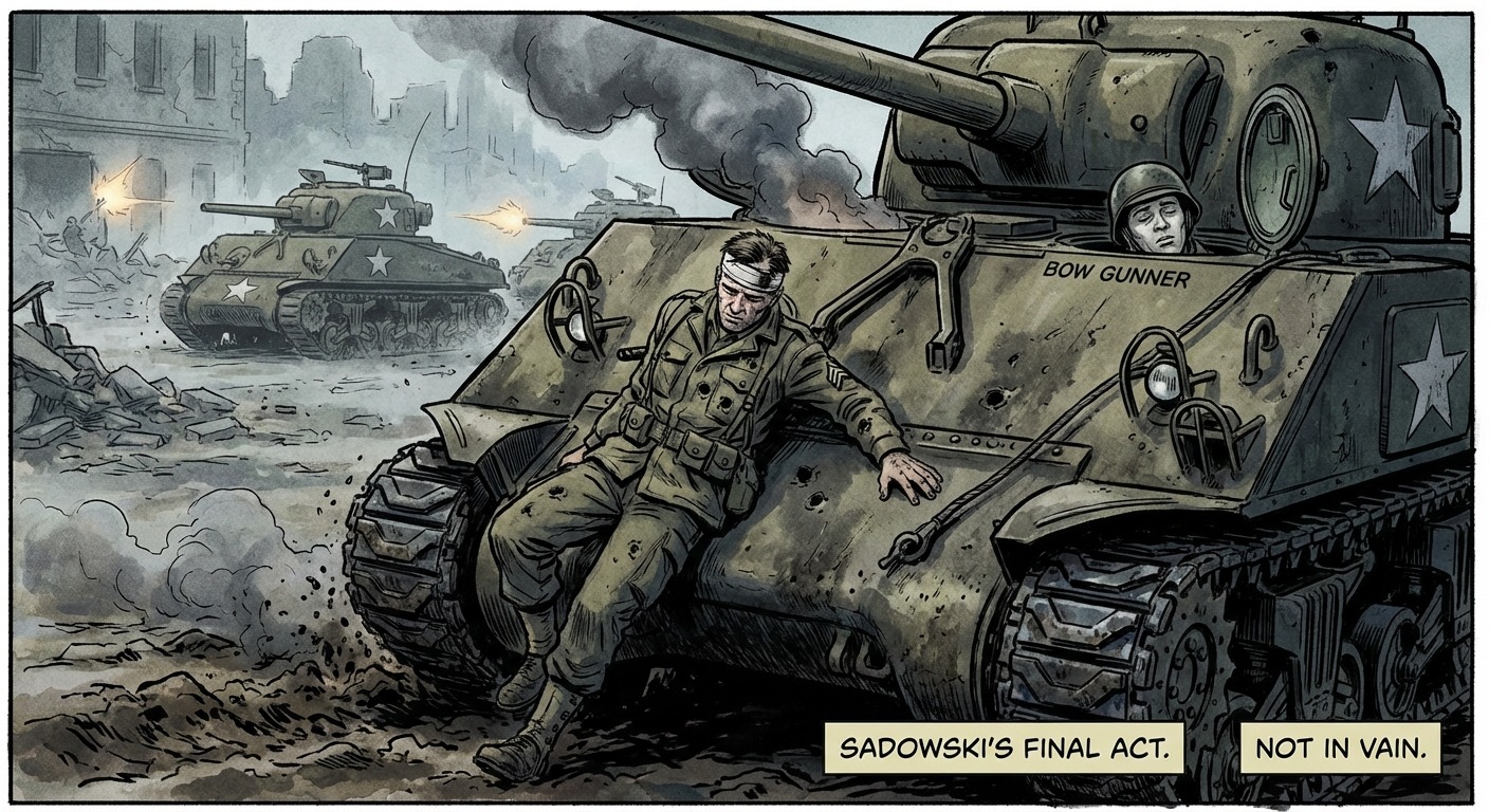 Sadowski's final moments as he slides from the tank, mortally wounded but having loosened the hatch enough to save Murphy