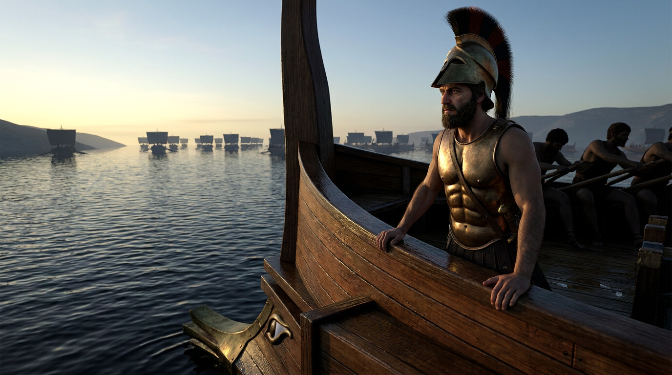 Hero/Action: Themistocles standing at the stern of an Athenian trireme at dawn as the Persian fleet begins entering the Salamis strait — tense, commanding, watching the moment arrive