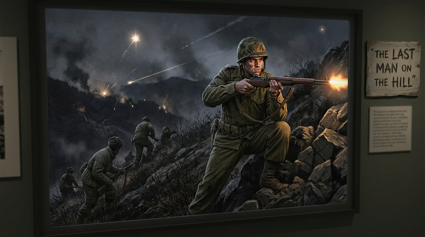 Cold open: A lone American soldier on a dark Korean hillside at night, armed with an M1 Garand, positioned behind a rocky outcropping, with muzzle flash illuminating his determined face and the steep slope below showing moving enemy silhouettes.