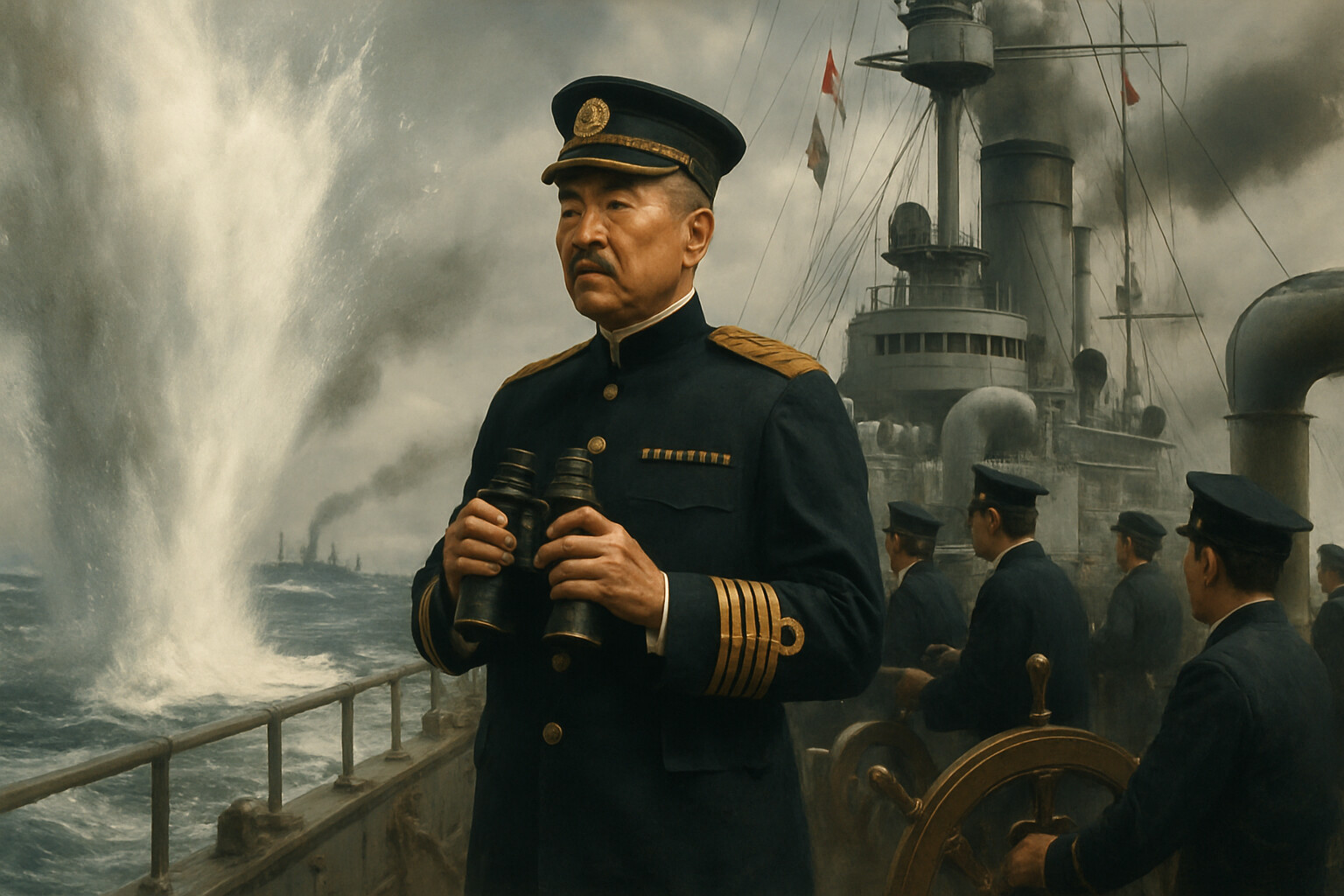 Hero/action scene: Admiral Togo on the bridge of Mikasa at the moment of the T-crossing maneuver, as the fleet turns and Russian shells begin to fall nearby.