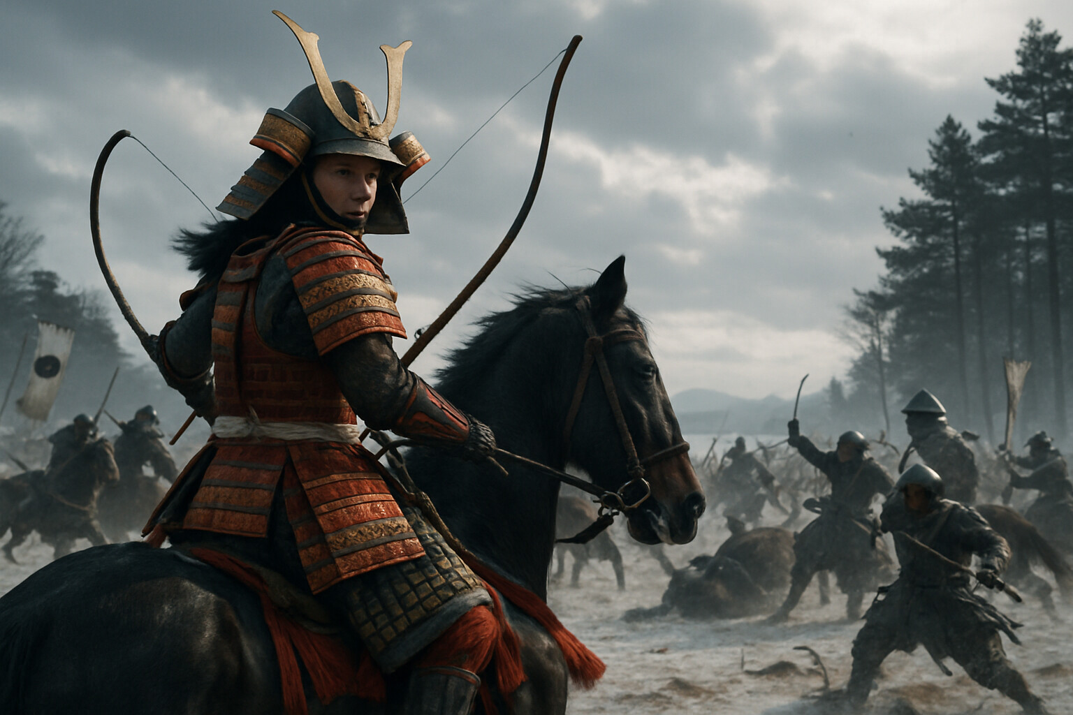 Cold open: Tomoe Gozen on horseback in the chaos of the final pursuit, armor vivid against frozen winter ground, wheeling her horse to face an enemy warrior as Yoshinaka's column disintegrates around her.