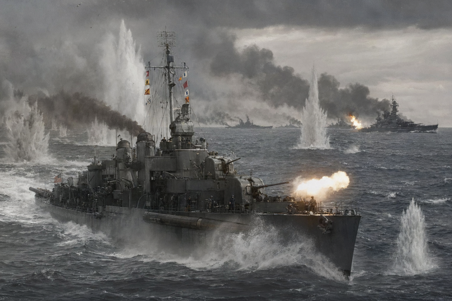 USS Johnston charging at the Battle off Samar