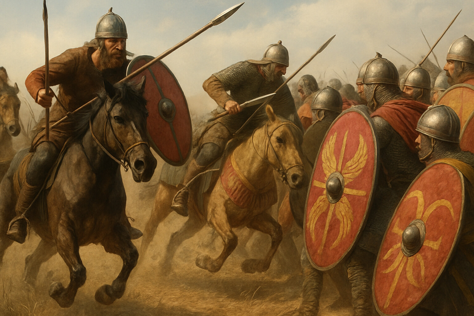 Hero/action panel: The critical moment when Gothic cavalry strikes the Roman left flank — mounted Gothic warriors in a thunder of hooves driving into the edge of a compressed Roman infantry formation, the left wing already beginning to dissolve